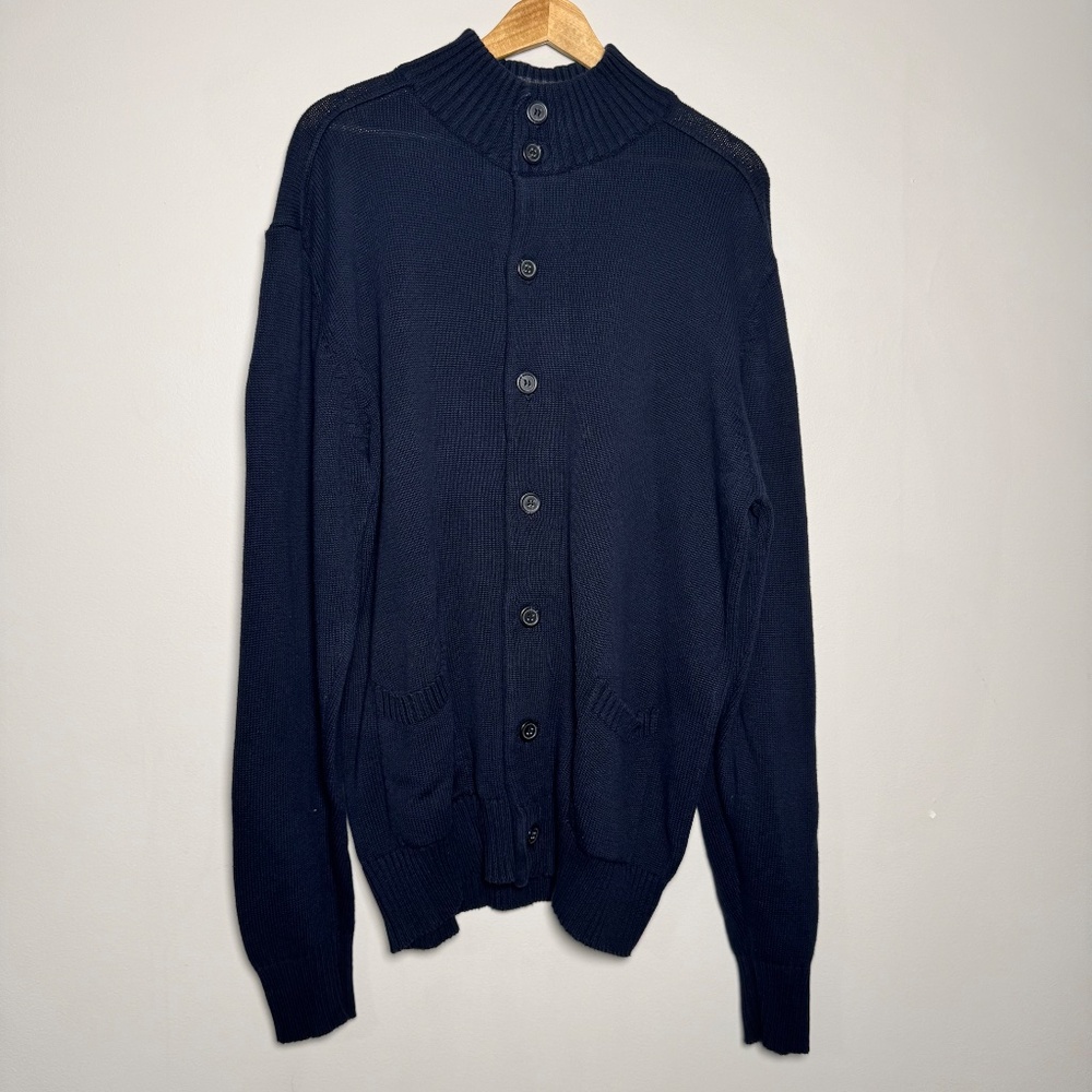 Oscar de la Renta Funnel Neck Cotton Dark Blue Ribbed Button Cardigan Sz XL